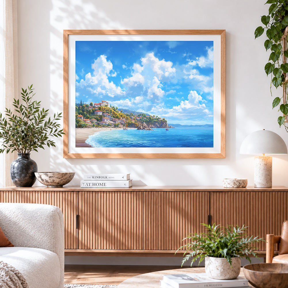 Finished mediterranean coastal town paint by numbers artwork displayed as home decor