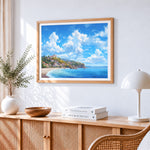 Mediterranean coastal town paint by numbers artwork displayed on wall as home decor