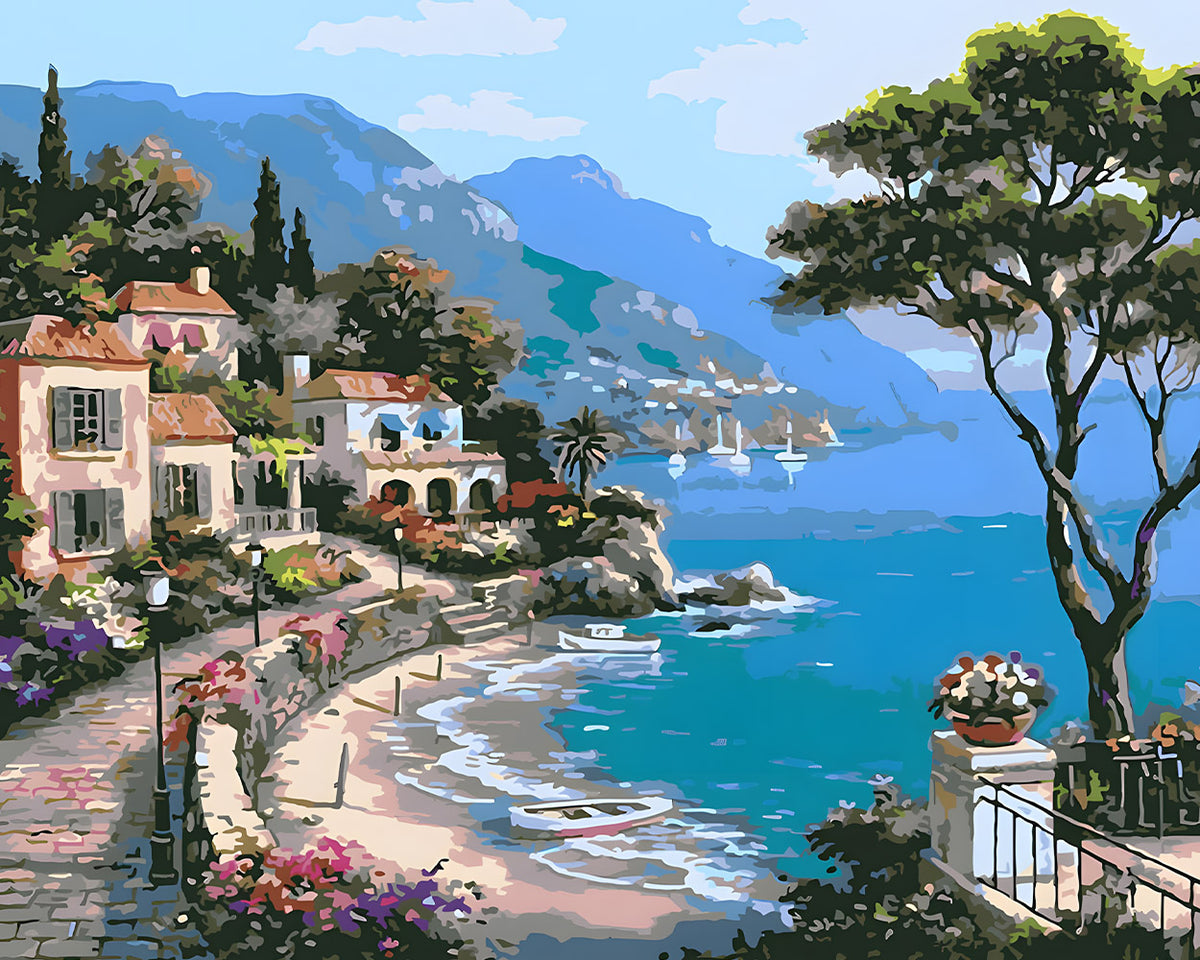 Mediterranean coastal village cross stitch kit for beginners