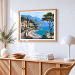 Mediterranean coastal village cross stitch artwork displayed on wall as home decor