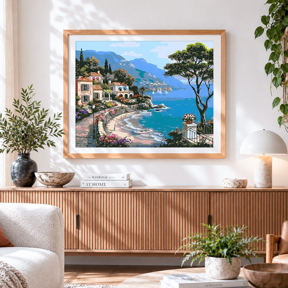 Finished mediterranean coastal village paint by numbers artwork displayed as home decor