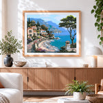 Finished mediterranean coastal village paint by numbers artwork displayed as home decor