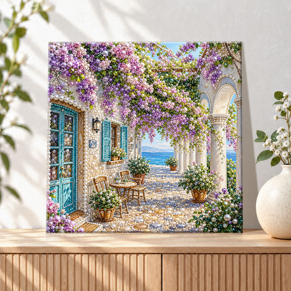 Finished mediterranean courtyard with wisteria blooms pearl diamond painting artwork displayed as holiday home decor
