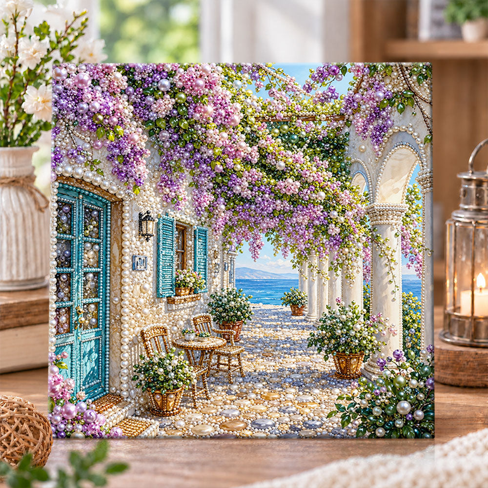 Mediterranean courtyard with wisteria blooms pearl diamond painting kit for beginners