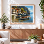 Finished mediterranean harbour cross stitch artwork displayed