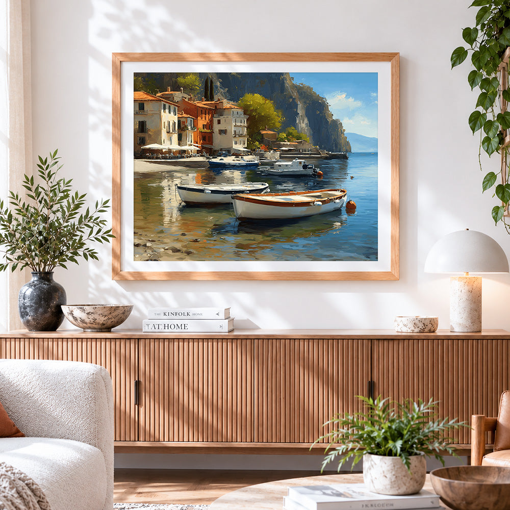 Finished mediterranean harbour cross stitch artwork displayed