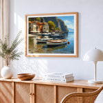 Mediterranean harbour cross stitch artwork displayed on wall as home decor