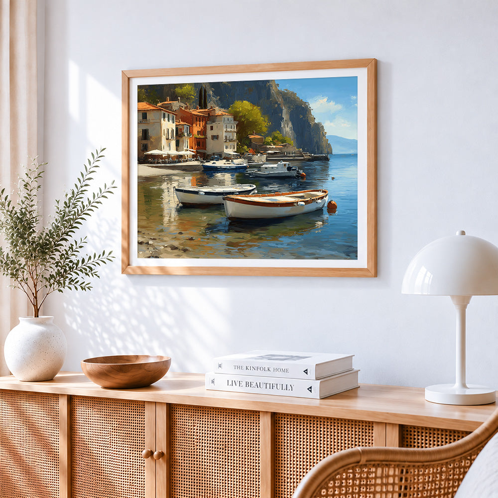 Mediterranean harbour paint by numbers artwork displayed on wall as home decor