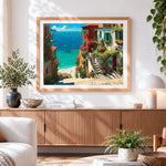Finished mediterranean steps and flowering town cross stitch artwork displayed