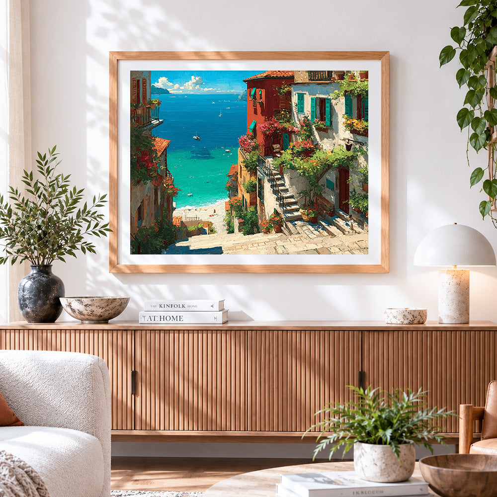 Finished mediterranean steps and flowering town cross stitch artwork displayed