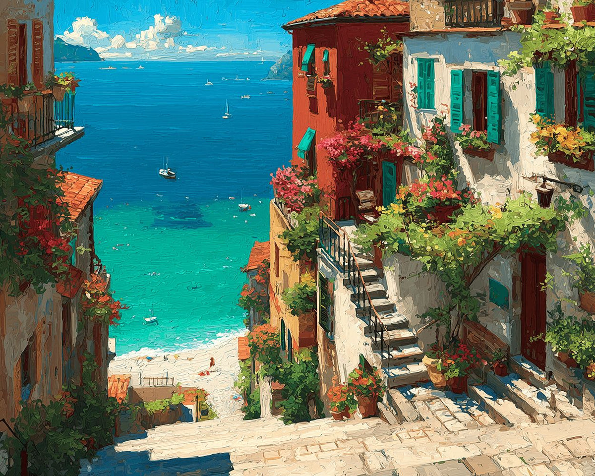 Mediterranean steps and flowering town cross stitch kit for beginners