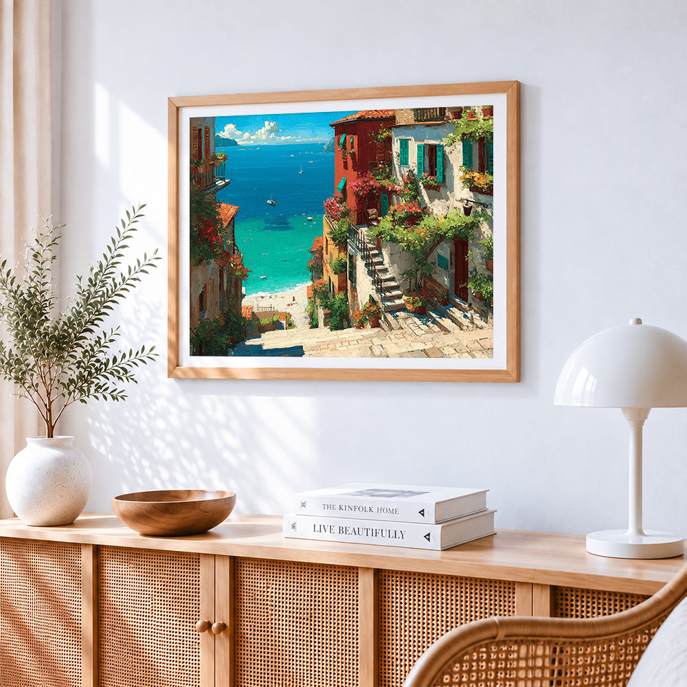Mediterranean steps and flowering town cross stitch artwork displayed on wall as home decor