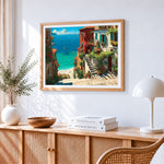 Mediterranean steps and flowering town cross stitch artwork displayed on wall as home decor