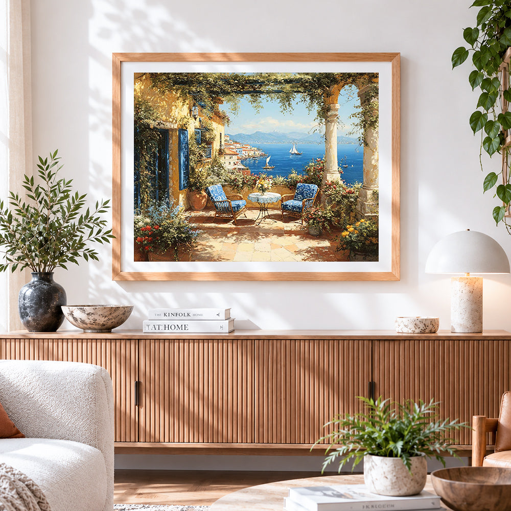 Finished mediterranean terrace sea view cross stitch artwork displayed