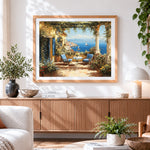 Finished mediterranean terrace sea view cross stitch artwork displayed