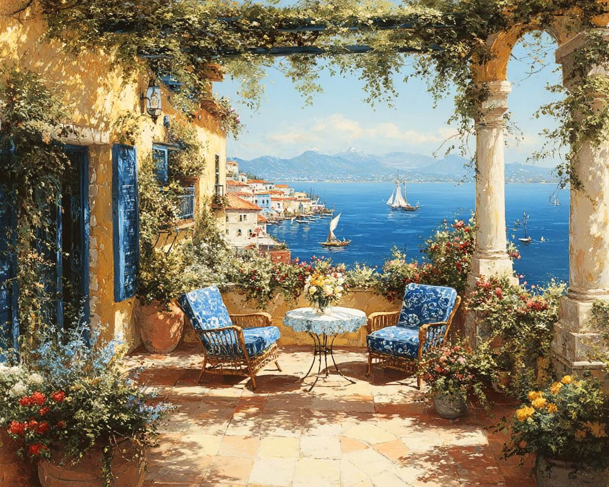 Mediterranean terrace sea view cross stitch kit for beginners