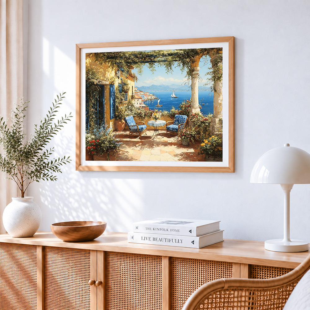 Mediterranean terrace sea view paint by numbers artwork displayed on wall as home decor