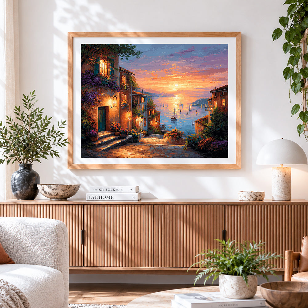 Finished mediterranean town at dusk cross stitch artwork displayed