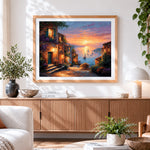 Finished mediterranean town at dusk paint by numbers artwork displayed as home decor