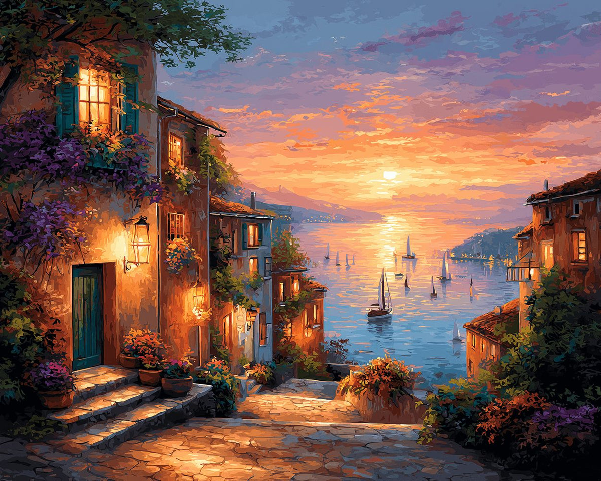Mediterranean town at dusk paint by numbers kit for beginners