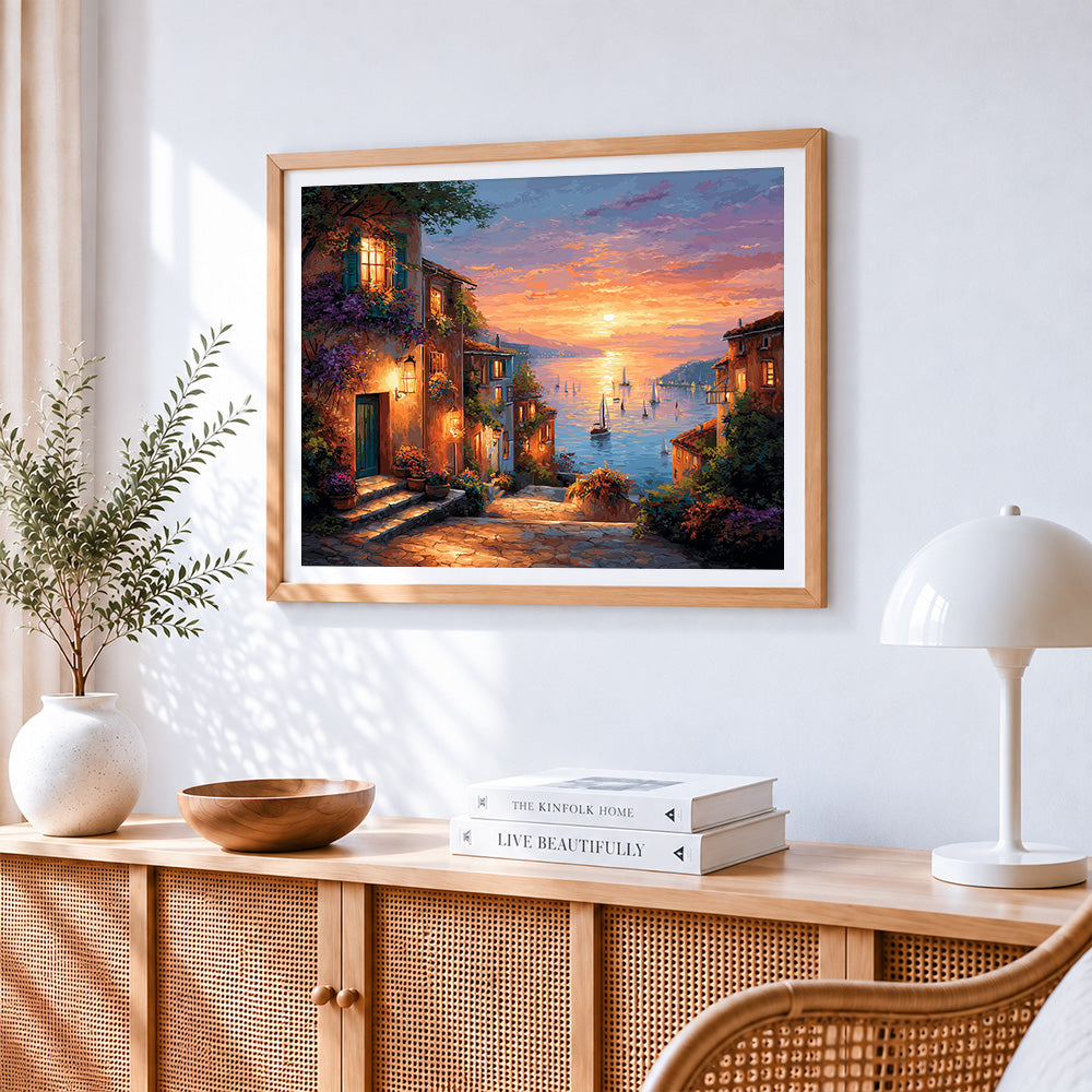 Mediterranean town at dusk paint by numbers artwork displayed on wall as home decor