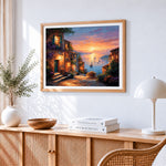 Mediterranean town at dusk paint by numbers artwork displayed on wall as home decor
