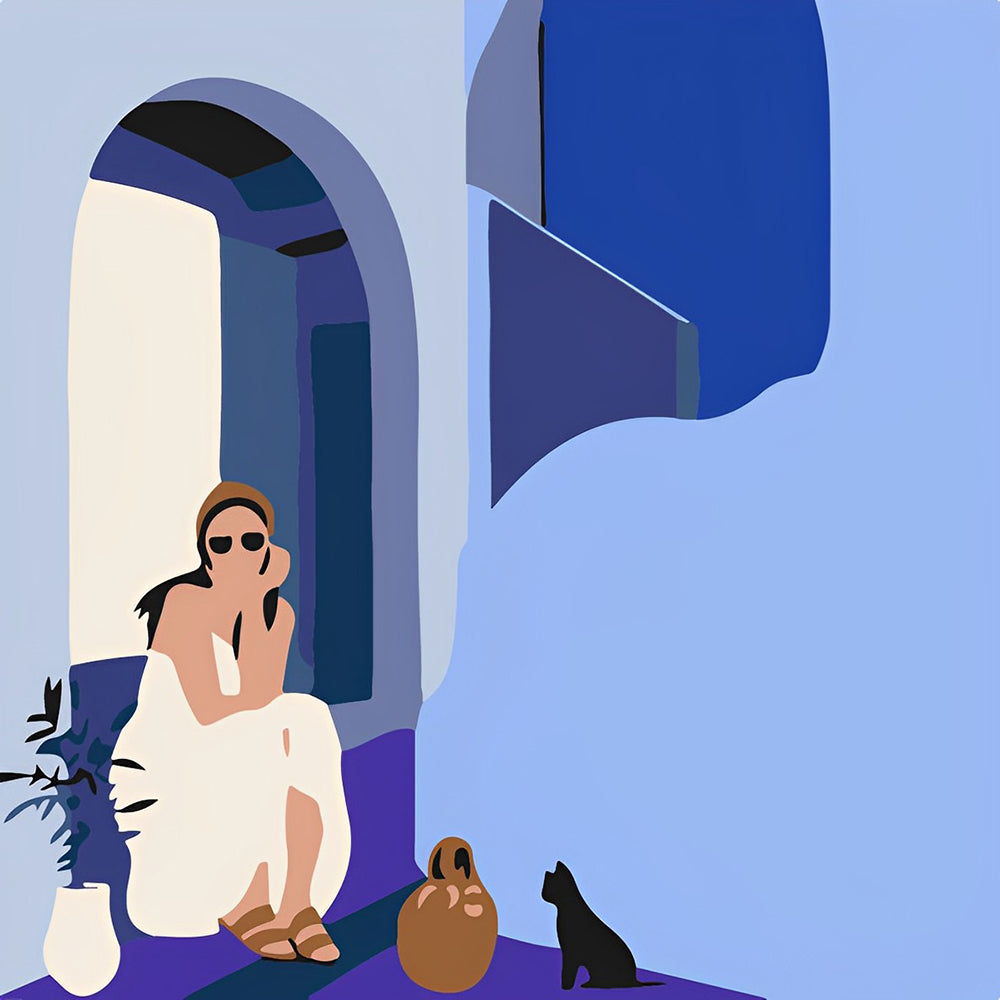 Mediterranean woman with cat cross stitch kit for beginners