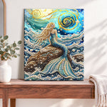 Finished mermaid by ocean waves pearl diamond painting artwork displayed as home decor