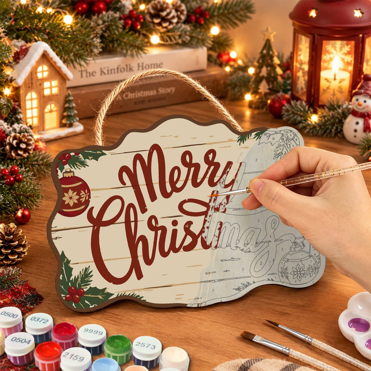 Merry christmas ornaments paint by numbers door hanger painting process