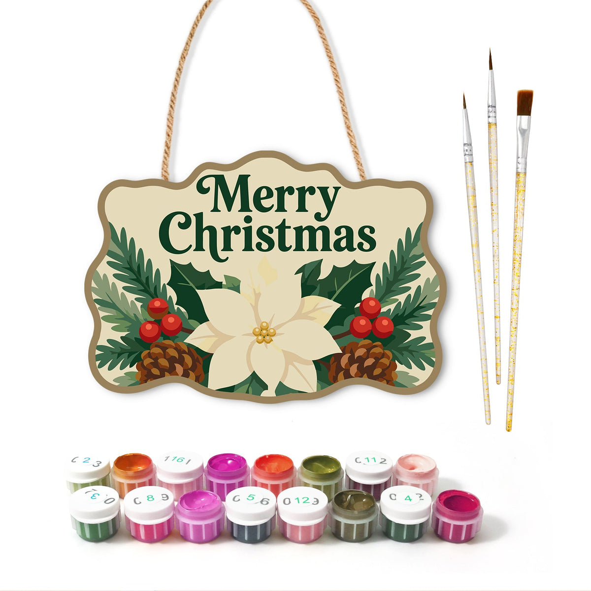 Merry christmas poinsettia paint by numbers door hanger with paints and brushes