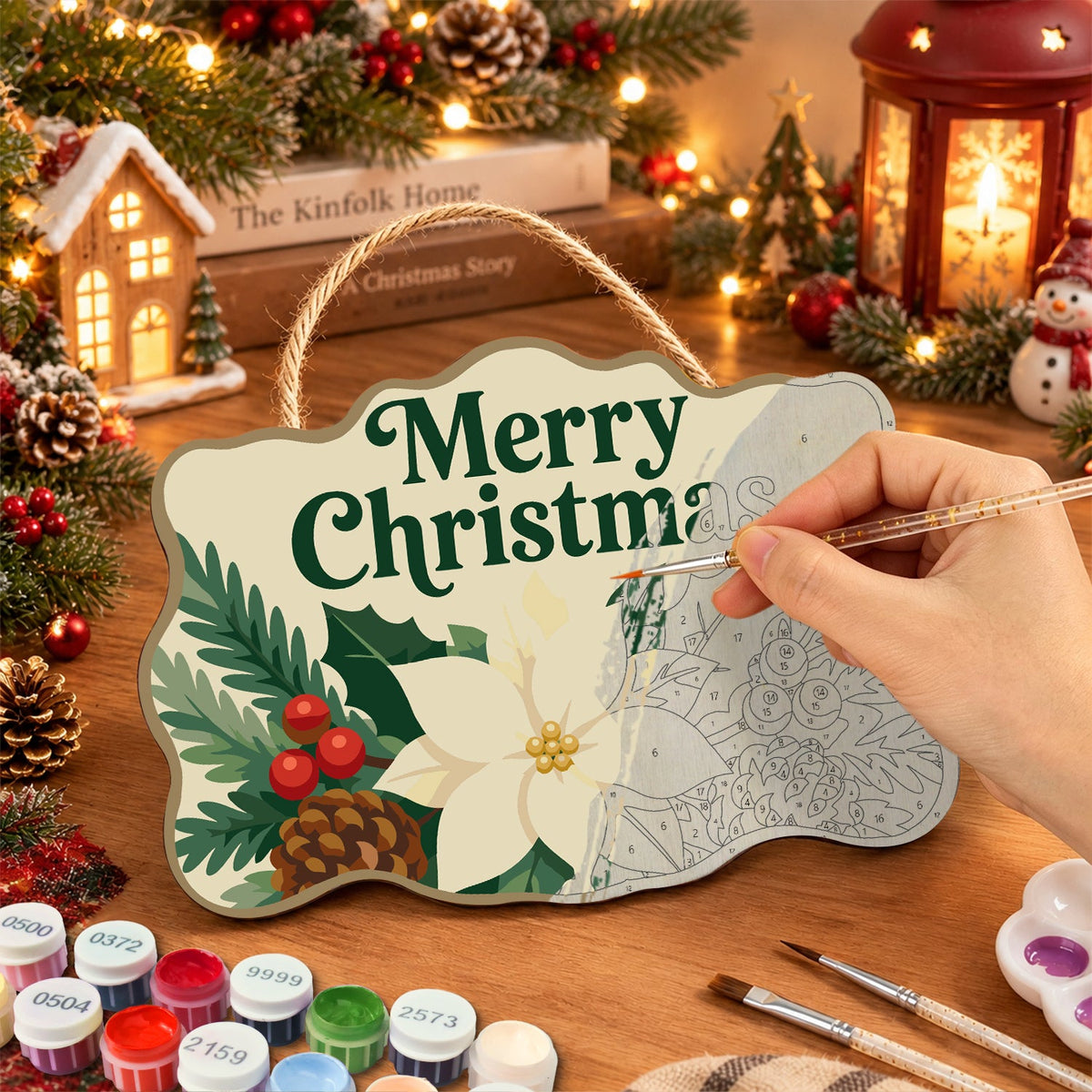 Merry christmas poinsettia paint by numbers door hanger painting process