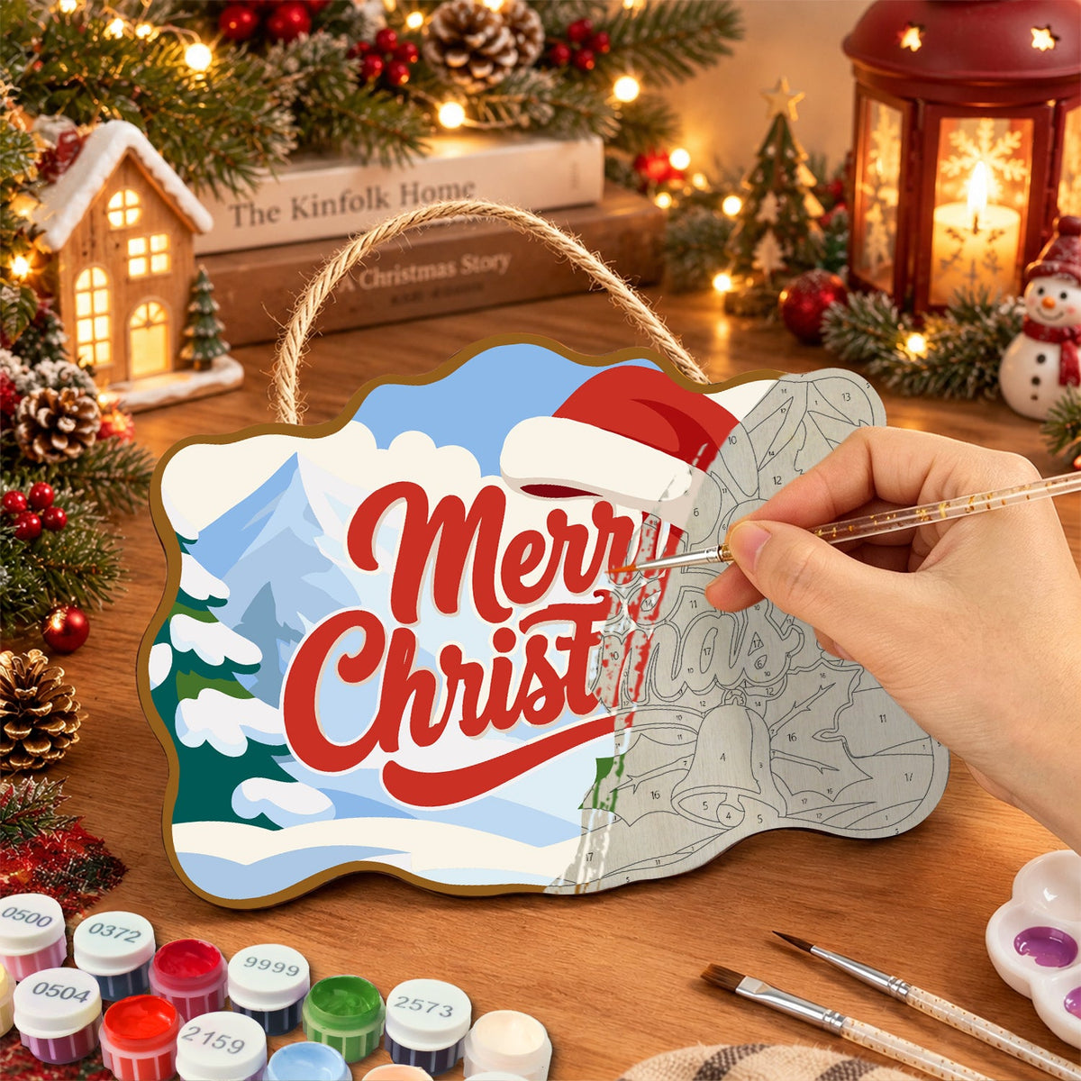 Merry christmas santa hat and bell paint by numbers door hanger painting process