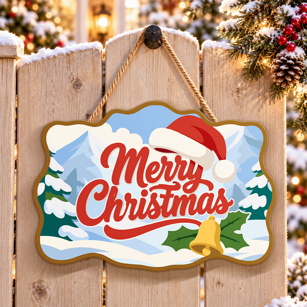 Merry christmas santa hat and bell paint by numbers door hanger on a garden gate