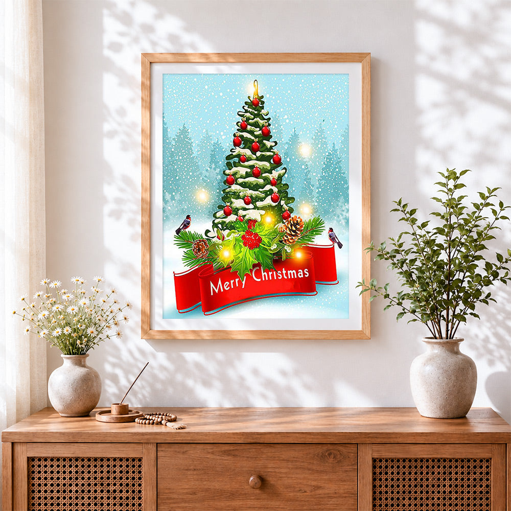 Finished merry christmas tree with robin cross stitch artwork displayed