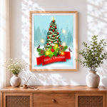 Finished merry christmas tree with robin paint by numbers artwork displayed as home decor