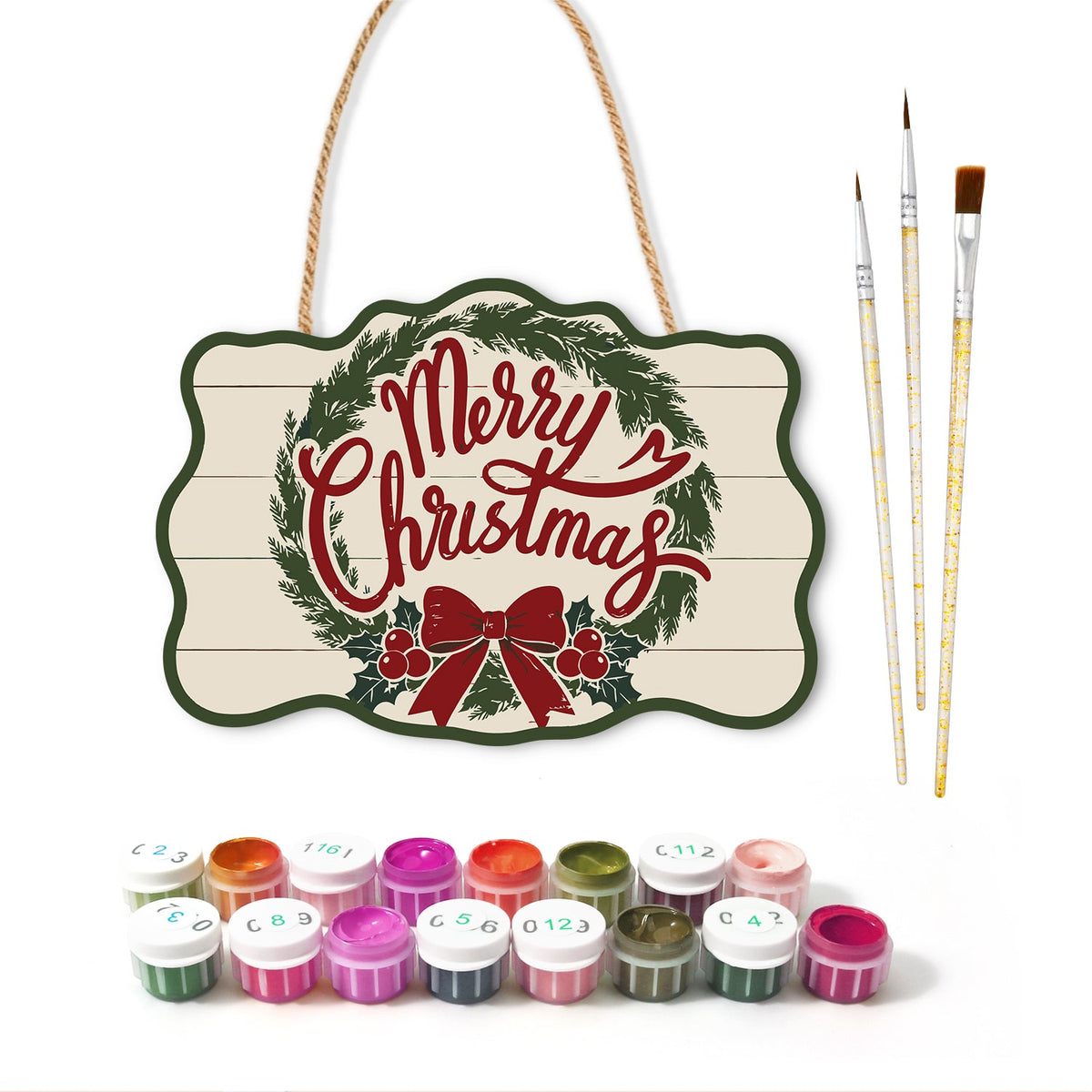 Merry christmas wreath paint by numbers door hanger with paints and brushes