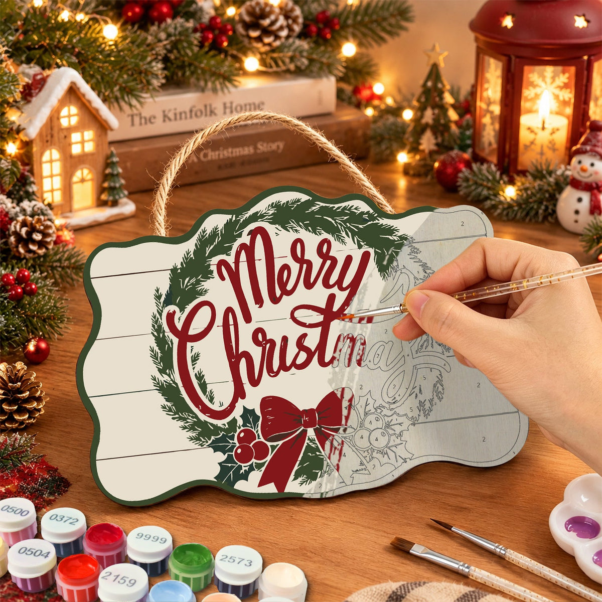 Merry christmas wreath paint by numbers door hanger painting process
