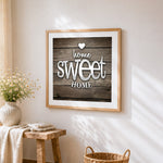 Metallic home sweet home on wood print cross stitch artwork displayed on wall as home decor