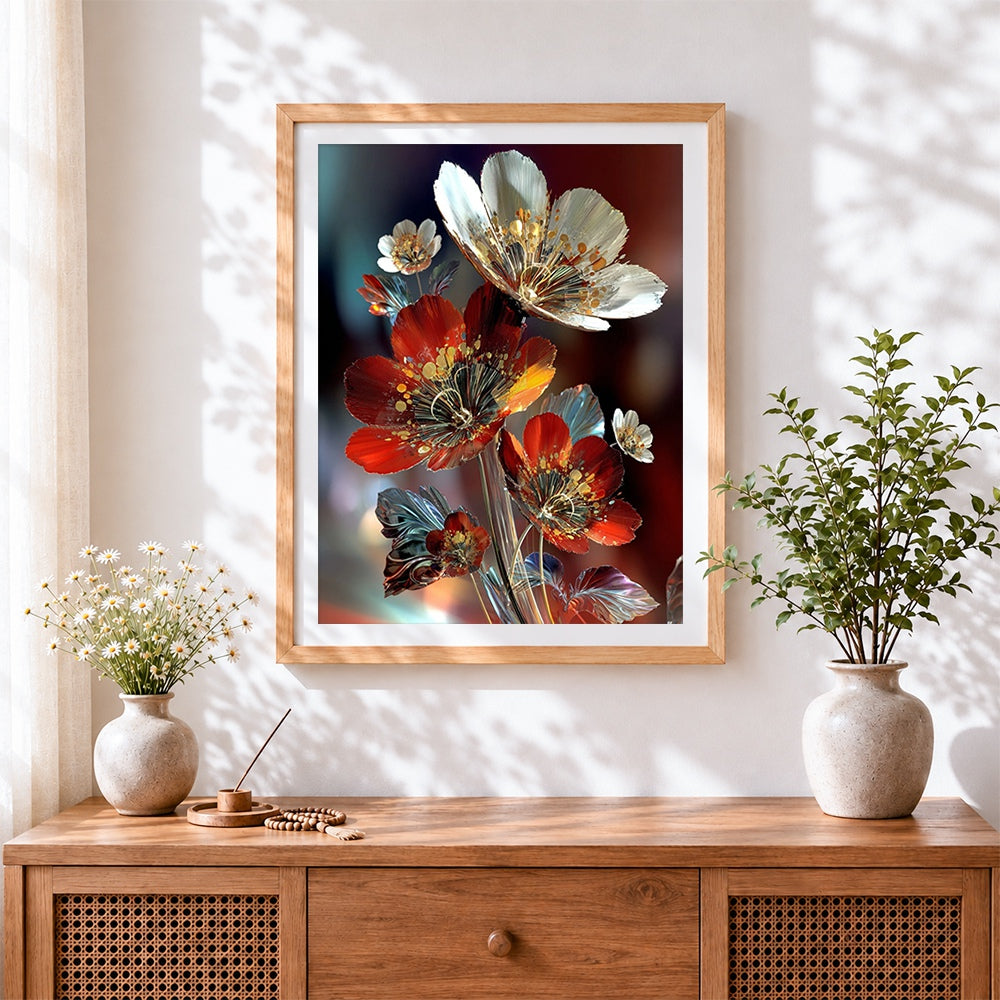Finished metallic red and silver flowers cross stitch artwork displayed