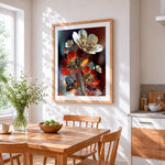 Metallic red and silver flowers cross stitch artwork displayed on wall as home decor
