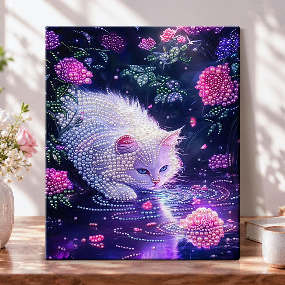 Midnight floral kitty pearl diamond painting kit for beginners