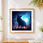 Finished midnight wolf in the pines cross stitch artwork displayed