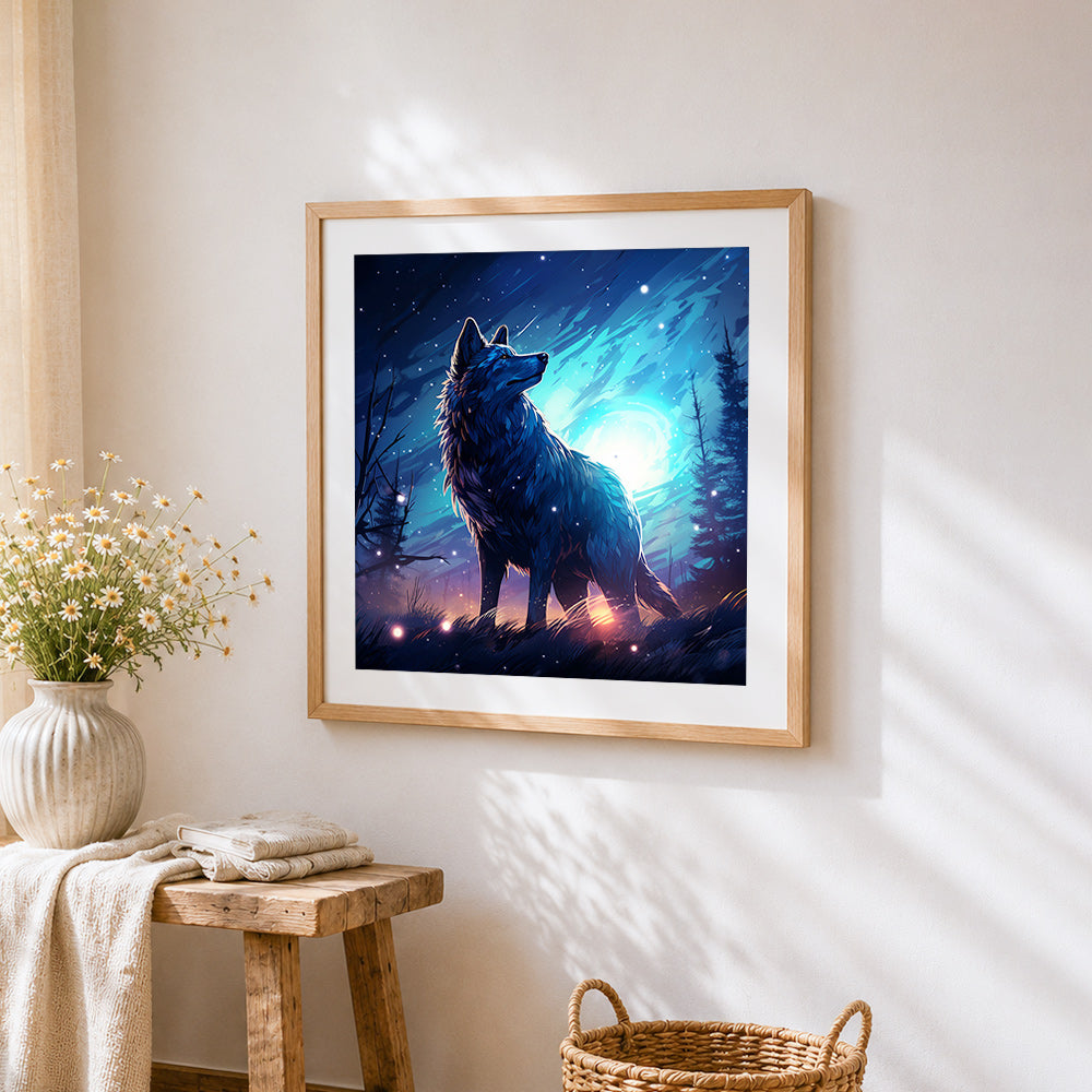 Midnight wolf in the pines cross stitch artwork displayed on wall as home decor
