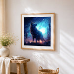 Midnight wolf in the pines cross stitch artwork displayed on wall as home decor
