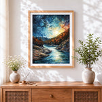 Finished milky way over autumn river cross stitch artwork displayed