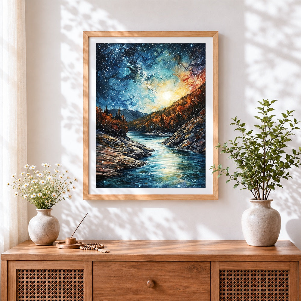 Finished milky way over autumn river cross stitch artwork displayed