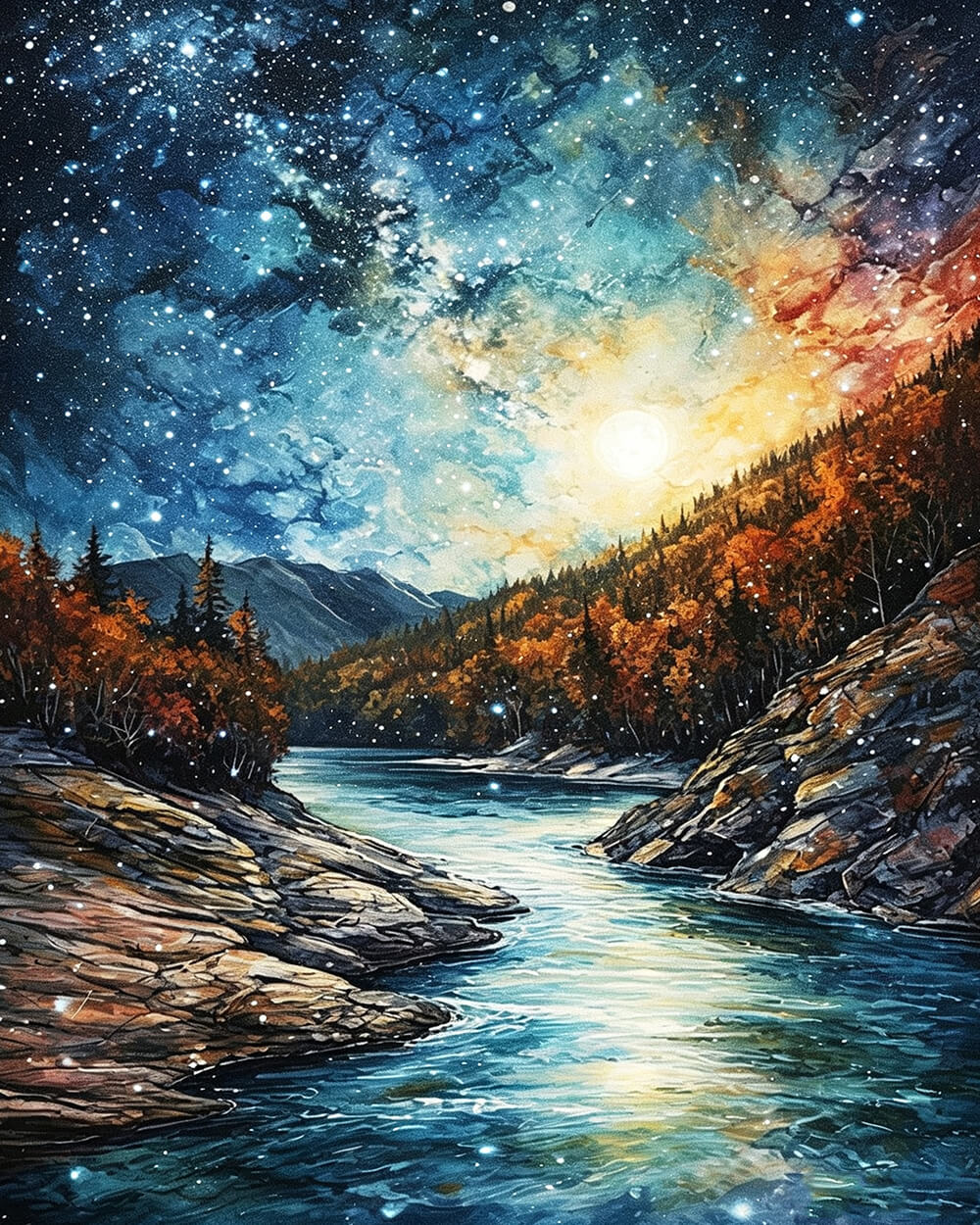 Milky way over autumn river cross stitch kit for beginners