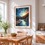 Milky way over autumn river cross stitch artwork displayed on wall as home decor