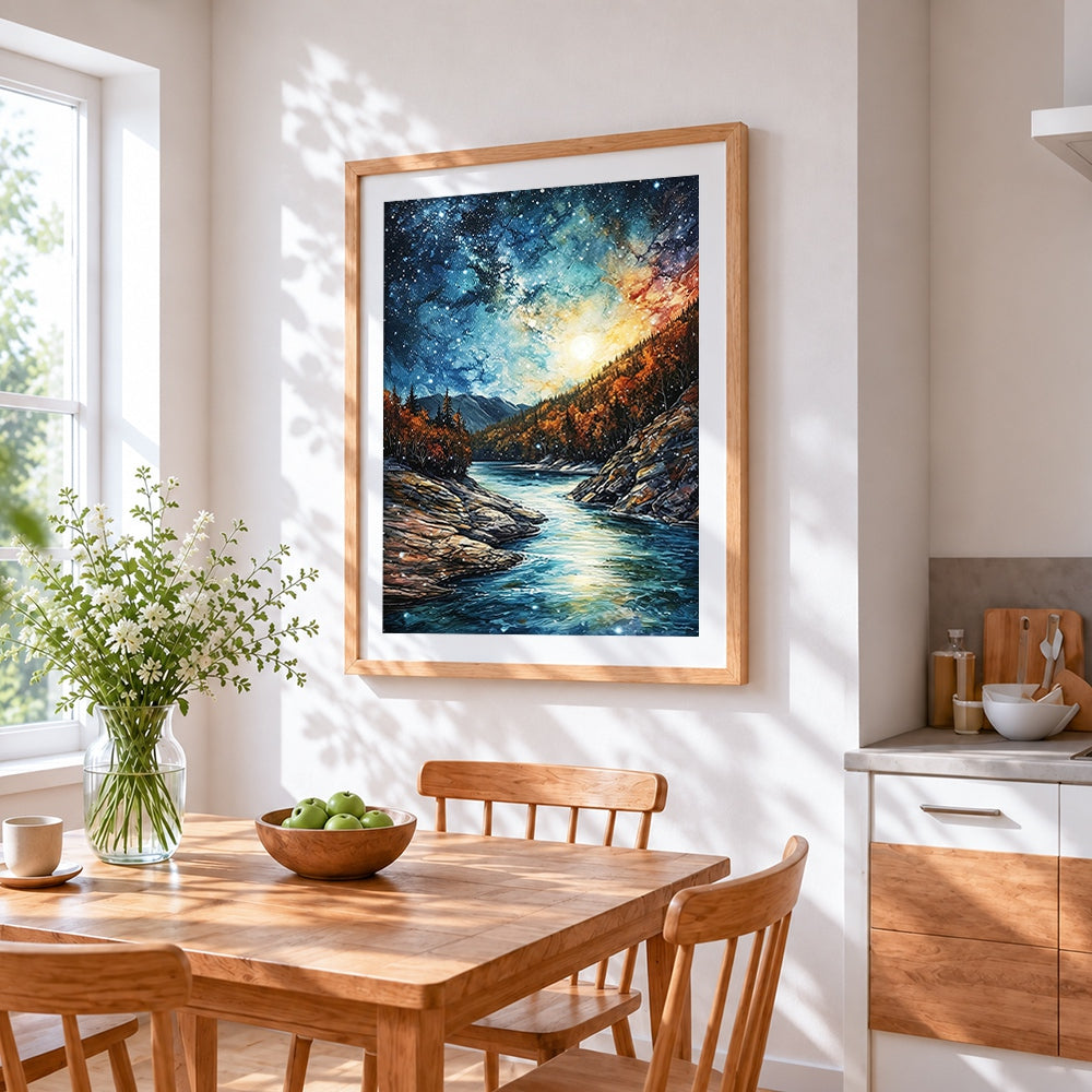 Milky way over autumn river cross stitch artwork displayed on wall as home decor