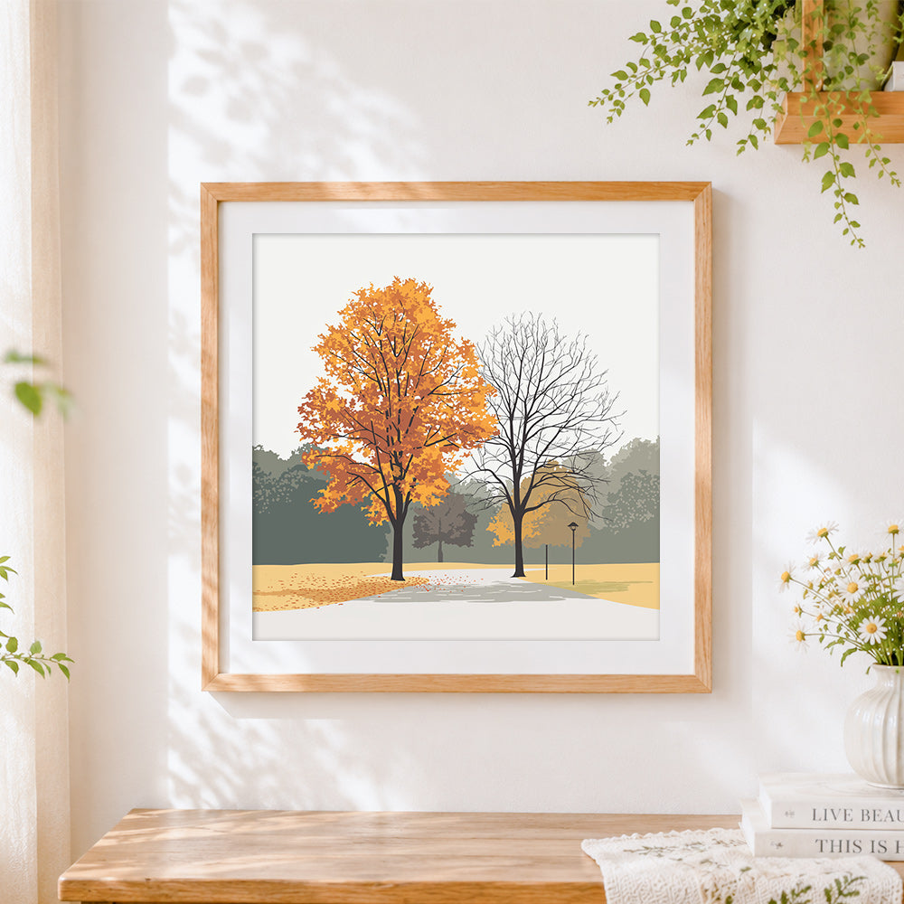 Finished minimalist autumn trees cross stitch artwork displayed